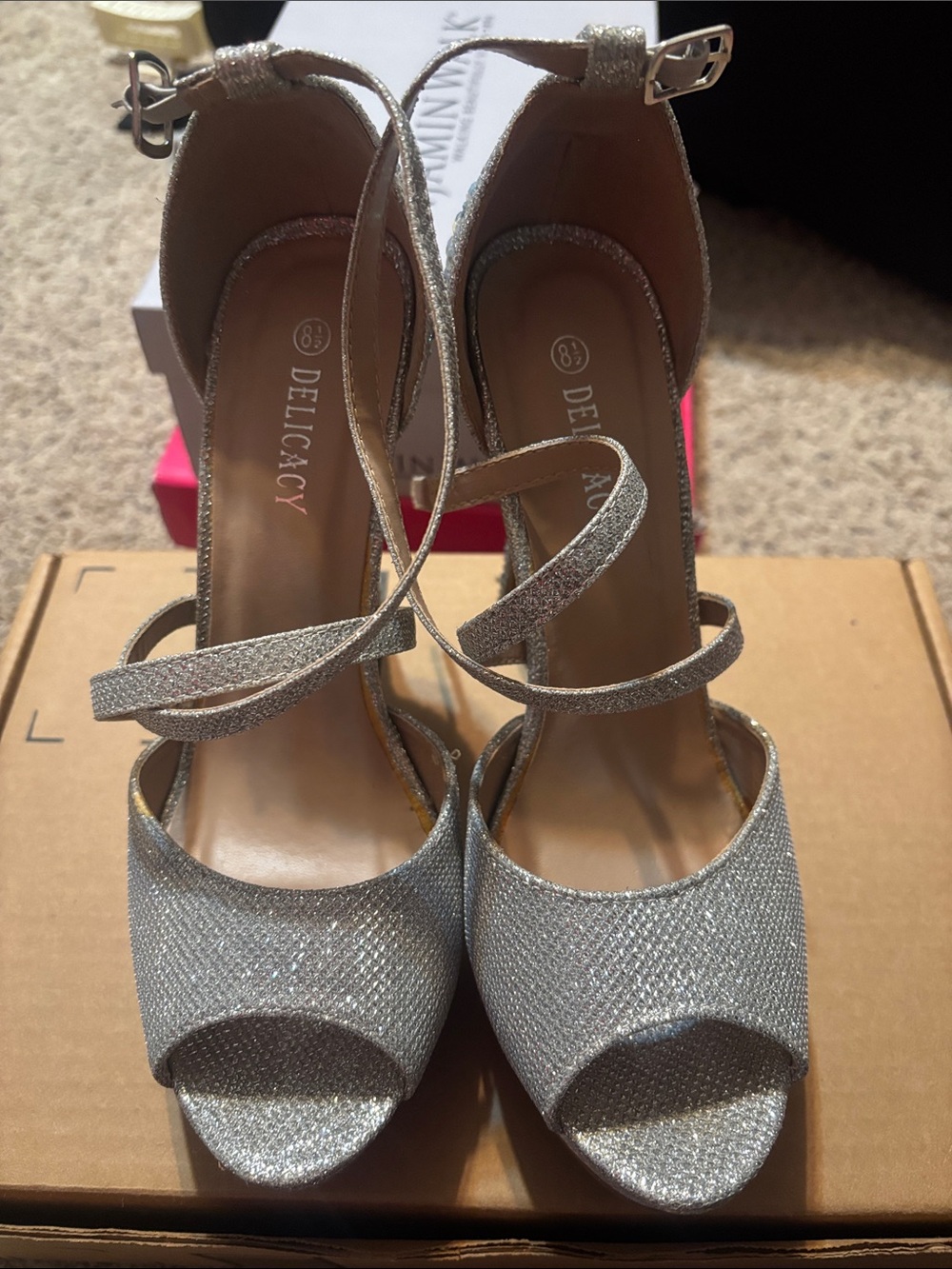 Delicacy Silver Glitter Open-Toe Wrap-Strap Heels